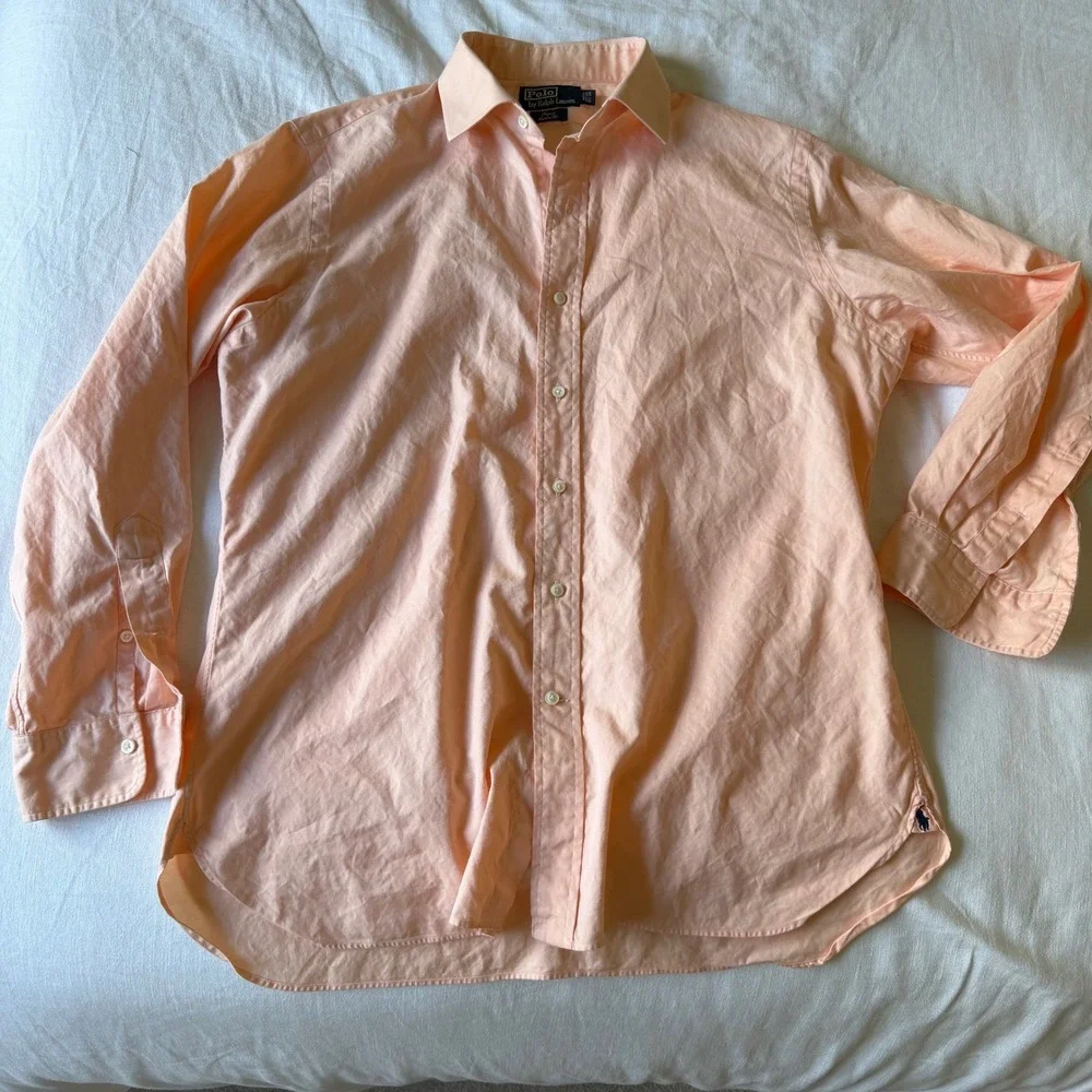 90's Polo Ralph‎ Lauren Regent Custom Fit Shirt 16.5 34 Peach Twill Button Down